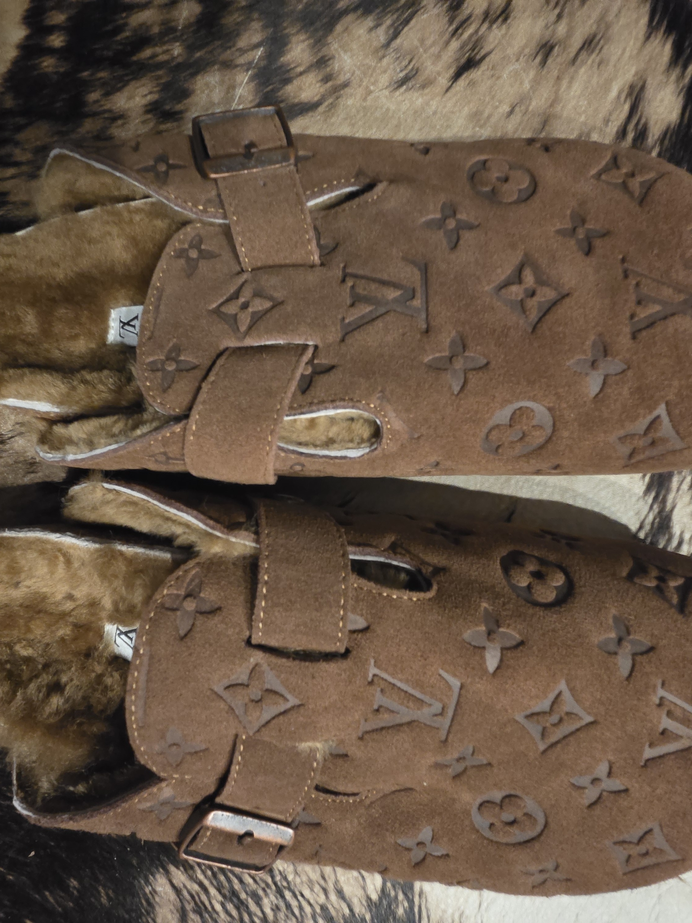 Louis Vuitton Brown Monogram Suede Fur-Lined Clogs